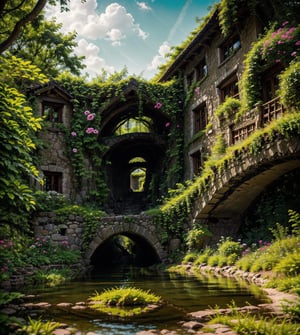 In this serene anime-inspired scene, the rustic stone country house nestles beside a tranquil river, with colourful flowers along the bank of a river, its gentle flow mirroring the quiet charm of the surrounding landscape. The water's surface shimmers with vibrant reflections of lush greenery and an array of colorful flowers, creating a whimsical touch to the idyllic setting.