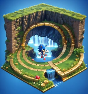 An image of the popular game Sonic the hedgehog, with a layout showing grass, golden rings on pathways, waterfalls, checkered  walls, Isometric view