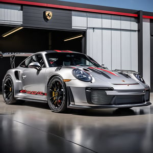 In a breathtakingly clear 8K high-resolution image, a sleek Silver coloured Porsche 911 with race livery, sits majestically outside of a garage at a race track, The sun shines brightly overhead, casting a warm glow on the vehicle's perfect wheels and precision-cut lines. Framed by the building's sleek facade, the 911 takes center stage, a rear view showing its powerful stance accentuated by the subtle curvature of the showroom's architecture.,Porsche