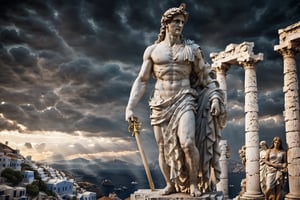 Cinematic 8K hyper-realistic, stoic marble statue, Greece in the background, dark background, Greek mythology, colossal, illuminated by a radiant light, ultra detailed, is characterized by its extraordinary physical attributes and awe-inspiring presence. photorealistic, 8k, realistically , HDR, UHD.,more detail XL