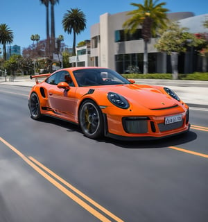 A Porsche 911 painted in ((Orange)) driving through Beverly Hills, on a sunny midday, perfect wheels, ((Full Vehicle image)), high resoution image, 8K, ,Porsche