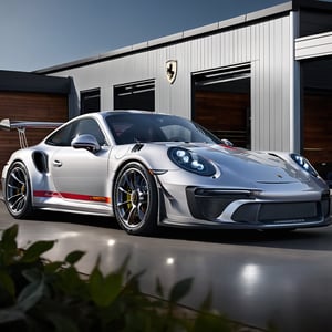 In a breathtakingly clear 8K high-resolution image, a sleek Silver coloured Porsche 911 with race livery, sits majestically outside of a garage at a race track, The sun shines brightly overhead, casting a warm glow on the vehicle's perfect wheels and precision-cut lines. Framed by the building's sleek facade, the 911 takes center stage, a rear view showing its powerful stance accentuated by the subtle curvature of the showroom's architecture.,Porsche