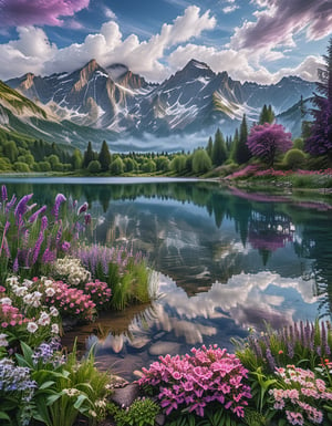 A beautiful fantasy landscape, with mountains and trees, and a majestic sky with white clouds, a lake can be seen that is still like a mirror reflecting the sky, the grass is purple and dark purple like lavender, Flowers bloom with radiance that brings magic to the place, it was morning day cinematic 8k photography shot by Sony cameras, ultra realistic,more detail XL