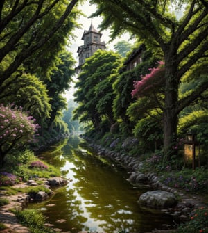 8K Anime style,  The gentle flow of the river mirrors the beauty of the stone country house, its waters shimmering with reflections of the surrounding greenery and blooming flowers of all colours, all depicted in an anime-inspired digital art style that brings a touch of whimsy to the idyllic setting,photorealistic,Nature,High detailed 