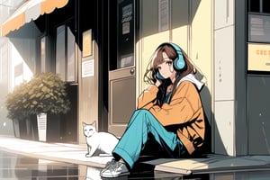 
An American manga-style illustration with a retro 1990s aesthetic. The scene features a calm and serene K-pop idol with long, side-parted brown hair and oversized vintage headphones. She is homeless, looking for help, She's leaning against the entrance of a cosy, dimly lit café, while a stray cat looks up at her, with soft lighting coming through, creating a peaceful atmosphere on a rainy day. The idol has a gentle smile, and her pose reflects a sorrowful mood.