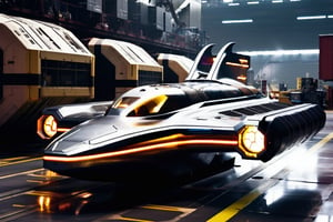 A small, sleek spacecraft descends onto the metallic runway of a bustling spaceport, surrounded by towering storage containers and humming machinery. The ship's retro-futuristic design features gleaming metal panels, curved lines, and a distinctive finned tail. Against the dimly lit backdrop, the ship's landing lights cast a warm glow on the dusty surface.,Hovercraft, Full image,ek_rcfr0nt_left