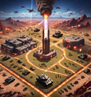 An image of the popular game Command and Conquer , with a battlefield showing tanks and planes , a HQ base with defensive walls , large Tesla coils. Isometric view
