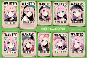 
Create a "wanted poster" in one-piece anime style, featuring "Nozomi Hikaru" with an energetic expression, pink hair, and green eyes, she carries a big smile. she is streetwear. there will be a frame all around the image.