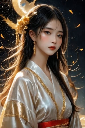 Beautiful girl. She is very cool, she is wearing a very luxurious hakama outfit. intwined with gold, gold jewellery,  detailed image, detailed skin, upper body, looking at the viewer. Black background, ((masterpiece: 1.2)), light particles, ink drops in the background, Anime style.
