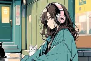 
An American manga-style illustration with a retro 1990s aesthetic. The scene features a calm and serene K-pop idol with long, side-parted brown hair and oversized vintage headphones. She is homeless, looking for help, She's leaning against the entrance of a cosy, dimly lit café, while a stray cat looks up at her, with soft lighting coming through, creating a peaceful atmosphere on a rainy day. The idol has a gentle smile, and her pose reflects a sorrowful mood.