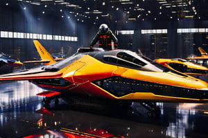 score_9, score_8_up, score_7_up, Masterpiece, 8k, sleek, Yellow and red space fighter craft,  its metallic surface reflecting the brightlights of the futuristic hangar. The aircraft's angular lines  are illuminated from within, casting an eerie glow. In the background, rows of identical vessels stand at attention, their cockpits gleaming like polished mirrors. The landing gear retracts as the craft comes to a halt, its pilot's helmeted figure emerging from the cockpit, gazing out at the bustling hangar with a mixture of exhaustion and triumph.