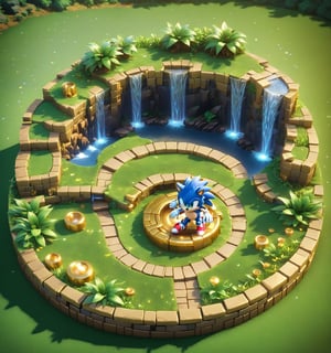 An image of the popular game Sonic the hedgehog, with a layout showing grass, golden rings on pathways, waterfalls, layered, checkered  walls, Isometric view