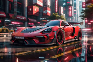 A futuristic hi-tech  Super car inspired by Porsche, Cyberpunk-inspired Super car, Red, black spoked wheels, on the road in city area background, at mid day time, front view, symmetrical, 