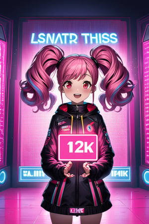 A vibrant anime girl, her bright pink hair styled in pigtails, holds a mesmerizing 3D sign aglow with neon lights. She is holding a sign that reads,  Text "12K" Text, in bold, futuristic font. Against this electric backdrop, a dazzling display of fireworks erupts in shades of crimson and gold, casting a warm glow on the girl's joyful expression.