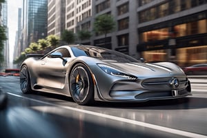 A sleek silver supercar, inspired by Mercedes' cutting-edge design, glides down a bustling city street at noon. The vehicle's sharp lines and angular shape are accentuated by black spoked wheels that seem to stretch out like dark tentacles. The front view is symmetrical, with the car's nose pointed straight ahead as if ready to pounce. The cityscape background provides a vibrant contrast to the supercar's matte finish, with towering skyscrapers and bustling pedestrians creating a dynamic urban landscape.