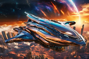 A lone space ship descends into a city  of the desert landscape, its metallic surface reflecting the scorching sun's rays. In the distant background, a celestial canvas showcases a stunning City, their vibrant hues and swirling clouds a striking contrast to the Futuristic city. The ship's landing gear stretches out as it settles onto the city expanse.