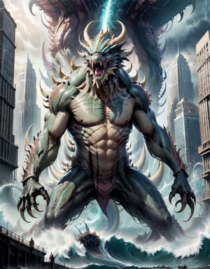 Generate hyper realistic image of a scene featuring a other-worldly Giagantic Kaijus of colossel sizes, a strange four legged creatures that towers above skyscrappers, contorted limbs and a gaping jaws, emerging from an otherworldly portal in the midst of a sea storm in a city harbour,  Dwarfing large Buildings, heralding the arrival of unspeakable horrors.  creation,monster,biopunk style