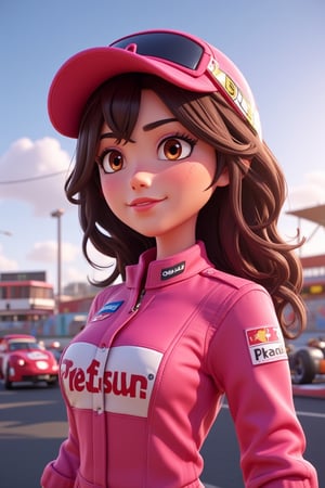 Anime girl, full body, 3D cartoon figure girl, with great attention to detail, beautiful and delicate eyes, motor racer anime girl, wearing pink racing clothes, in a race car, detailed, dynamic beautiful pose, dynamic pose, natural light, to scale, ((realistic)) quality: 1.2), dynamic distance shot, cinematic lighting, perfect composition, super detail, masterpiece, (best) quality: 1.3), reflection, high resolution CG Unity 8K wallpaper, simple background, masterpiece, (photorealistic): 1.2), random angle, side angle, full body,