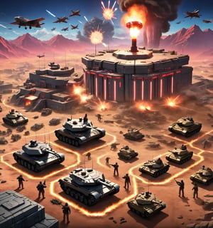 An image of the popular game Command and Conquer , with a battlefield showing tanks and planes , a HQ base with defensive walls , large Tesla coils. Isometric view