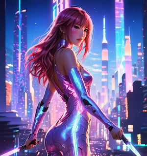  A dynamic shot frames KAIRI  holding a sword glowing with an iridescent sheen on her high-tech jumpsuit. Her long, flowing hair streams behind like a golden cape against the vibrant cityscape at sunset. Neon lights dance across towering skyscrapers, reflecting off her suit as she walks casting a warm glow on the bustling metropolis below.