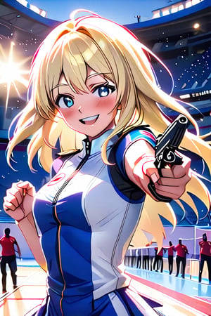 A beaming Blonde anime girl Jessica Bubbles at Air pistol event at the Olympics, uniform aglow in bright blue and white, soft lighting backdrop. the  crowd cheers and chants behind her. The vibrant  track of the Olympic stadium stretches out, with her sparkling eyes shining brightly, and a radiant smile spreading across her face