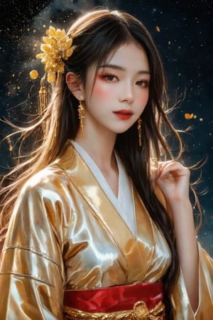 Beautiful girl. She is very cool, she is wearing a very luxurious hakama outfit. intwined with gold, gold jewellery,  detailed image, detailed skin, upper body, looking at the viewer. Black background, ((masterpiece: 1.2)), light particles, ink drops in the background, Anime style.
