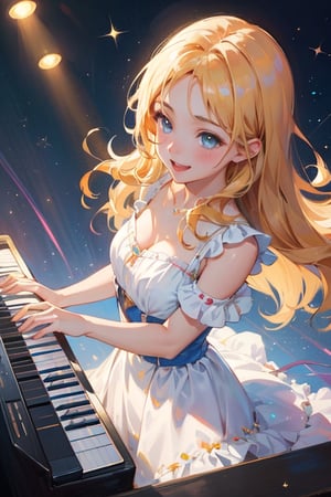 A close-up shot of a sweet-faced anime girl wearing a sparkly outfit, Electronic keyboard on stage, Her long hair bounces with each hit as she plays a lively rhythm, her eyes shining with excitement. Soft pastel colors and whimsical lighting create a dreamy atmosphere, while the composition emphasizes her joyful energy.