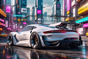 A futuristic hi-tech  Super car inspired by Porsche, Cyberpunk-inspired Super car, White, black spoked wheels, on the road in city area background, at mid day time, front view, symmetrical, 