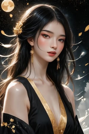 Beautiful girl. She is very cool, she is wearing a very luxurious Black hakama outfit. intwined with gold, gold jewellery,  detailed image, detailed skin, upper body, looking at the viewer. Black background, ((masterpiece: 1.2)), light particles, ink drops in the background, Anime style.
