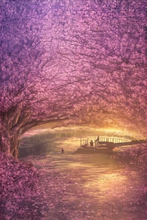 "Design a stunning 4K anime scene of a vibrant cherry blossom grove at sunset. Soft pink petals drift through the air, while golden light filters through the trees, casting a warm glow over a peaceful river winding through the landscape. A solitary figure stands on a bridge, admiring the serene beauty of nature."