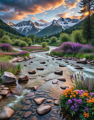 A beautiful fantasy landscape, with mountains and trees, and a majestic sky with white clouds, a lake can be seen that has fast flowing water showing river rapids,  reflecting the sky, the grass is green and dark purple like lavenderfield, orange /yellow flowers that brings magic to the place, it was morning day , Slow camera shutter speed,  cinematic 8k photography shot by Sony cameras, ultra realistic,more detail XL