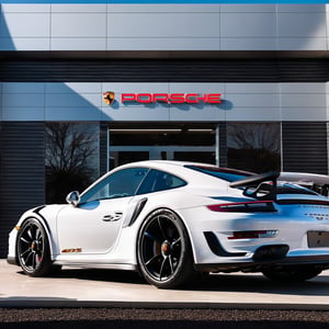 In a breathtakingly clear 8K high-resolution image, a sleek Porsche 911 sits majestically outside a gleaming luxury showroom. The sun shines brightly overhead, casting a warm glow on the vehicle's perfect wheels and precision-cut lines. Framed by the building's sleek facade, the 911 takes center stage, a rear view showing its powerful stance accentuated by the subtle curvature of the showroom's architecture.,Porsche