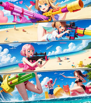 2 Cute 18 year old Anime girls on the beach playing with a super Soaker