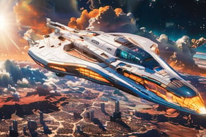 A lone space ship descends into a city  of the desert landscape, its metallic surface reflecting the scorching sun's rays. In the distant background, a celestial canvas showcases a stunning City, their vibrant hues and swirling clouds a striking contrast to the Futuristic city. The ship's landing gear stretches out as it settles onto the city expanse.