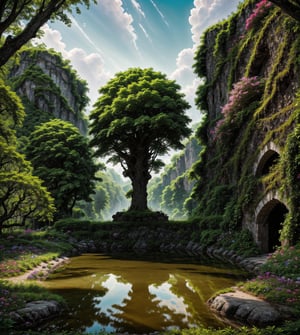 8K Anime style,  The gentle flow of the river mirrors the beauty of the stone country house, its waters shimmering with reflections of the surrounding greenery and blooming flowers of all colours, all depicted in an anime-inspired digital art style that brings a touch of whimsy to the idyllic setting,photorealistic,Nature,High detailed 