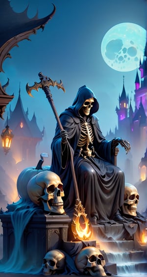 A dark material worn on the grim reaper sitting on skulls holding a Scythe, surrounded by mist, glowing Halloween moonlight, darkt fantasy castle background, flowing waves of mists with skull statues in the foreground, brilliant opalescent colors, high resolution, high quality, high detail, sharp focus, intricate details, highly detailed digital painting, artstation style, concept art, smooth, sharp focus, ultra wide angle lens, 