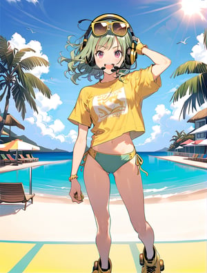 An Anime girl with light green hair, with yellow sunglasses on her head, wear headphones, wearing a Yellow T-shirt with bikini bottom,  Standing on roller skates at a sunny beach resort,aesthetic,ANIME GIRL