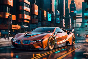 A futuristic hi-tech  Super car inspired by BMW Cyberpunk-inspired Super car, Orange, black spoked wheels, on the road in city area background, at mid day time, front view, symmetrical, 