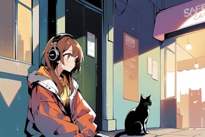 
An American manga-style illustration with a retro 1990s aesthetic. The scene features a calm and serene K-pop idol with long, side-parted brown hair and oversized vintage headphones. She is homeless, looking for help, She's leaning against the entrance of a cosy, dimly lit café, while a stray cat looks up at her, with soft lighting coming through, creating a peaceful atmosphere on a rainy day. The idol has a gentle smile, and her pose reflects a sorrowful mood.