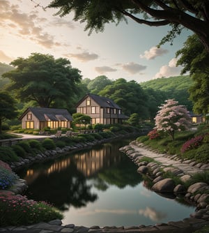 Anime style , The gentle flow of the river mirrors the beauty of the stone country house, its waters shimmering with reflections of the surrounding greenery and blooming flowers, all depicted in an anime-inspired digital art style that brings a touch of whimsy to the idyllic setting,photorealistic,Nature