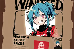 
Create a "wanted poster" in one-piece anime style, featuring "Nozomi Hikaru" with an energetic expression, blue hair, and pink eyes, she carries a big smile. she is wearing streetwear. there will be a frame all around the image.