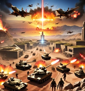 An image of the popular game Command and Conquer , with a battlefield showing tanks and planes , a HQ base with defensive walls 