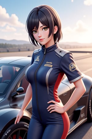 ((2woman)),  2Anime girls, full body, 3D cartoon figure girl, with great attention to detail, beautiful and delicate eyes, motor racer anime girls, wearing racing clothes, standing on next to a race car, detailed, dynamic beautiful pose, dynamic pose, natural light, ((realistic)) quality: 1.2), dynamic distance shot, cinematic lighting, perfect composition, super detail, masterpiece, (best) quality: 1.3), reflection, high resolution CG Unity 8K wallpaper, simple background, masterpiece, (photorealistic): 1.2), random angle, side angle, full body,