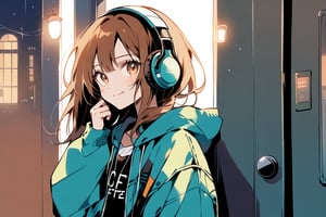 
An American manga-style illustration with a retro 1990s aesthetic. The scene features a calm and serene K-pop idol with long, side-parted brown hair and oversized vintage headphones. She is homeless, looking for help, She's leaning against the entrance of a cosy, dimly lit café, with soft lighting coming through, creating a peaceful atmosphere on a rainy day. The idol has a gentle smile, and her pose reflects a sorrowful mood.