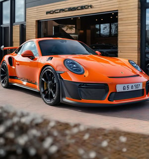 A Porsche 911 painted in ((Orange)) parked outside a luxury showroom, on a sunny day, perfect wheels, ((Full Vehicle image)), high resoution image, 8K, ,Porsche