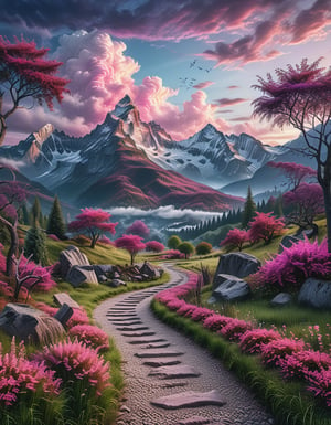 a beautiful fantasy landscape, with mountains and trees, and a majesty sky. the grass is pink and dark purple, that brings magic to the place, it was morning day cinematic 8k photography shot by Sony cameras, ultra realistic,more detail XL