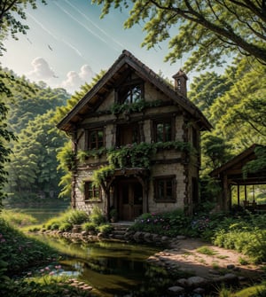 In this serene anime-inspired scene, the rustic stone country house nestles beside a tranquil river, its gentle flow mirroring the quiet charm of the surrounding landscape. The water's surface shimmers with vibrant reflections of lush greenery and an array of colorful flowers, creating a whimsical touch to the idyllic setting.