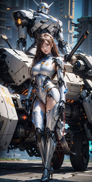 A 20 years old girl extremely beautiful and gorgeous young putting on a cyborg robot suit high tech armor detailed body deadly lock serious look on her face , full body ,Science Fiction, Futuristic fighter ship, sexy,big boobs,nude, pose sexy , Stand in the middle of the common frame , ,yofukashi background