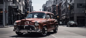 A scene showing a 1954 Apache panel van,body kit, gloss candy apple red, plastic color lowered suspension,  spinning wheels, (tyre smoke), Hot rod chrome style alloy rims, urban scene