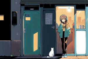 
An American manga-style illustration with a retro 1990s aesthetic. The scene features a calm and serene K-pop idol with long, side-parted brown hair and oversized vintage headphones. She is homeless, looking for help, She's leaning against the entrance of a cosy, dimly lit café, while a stray cat looks up at her, with soft lighting coming through, creating a peaceful atmosphere on a rainy day. The idol has a gentle smile, and her pose reflects a sorrowful mood.